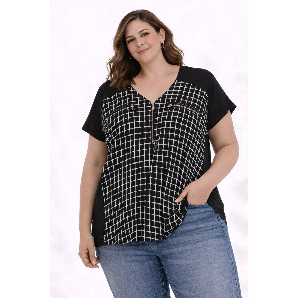 By & By Blouse Womens XL‎ Black White Grid Zip V-Neck Short Sleeve Workwear Top